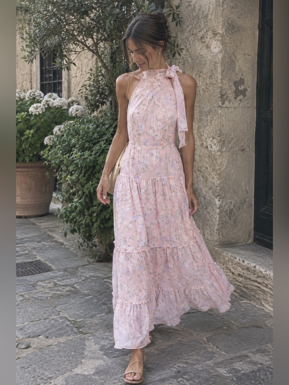 RIXO Abi Pink Floral Halter Midi Dress Medium